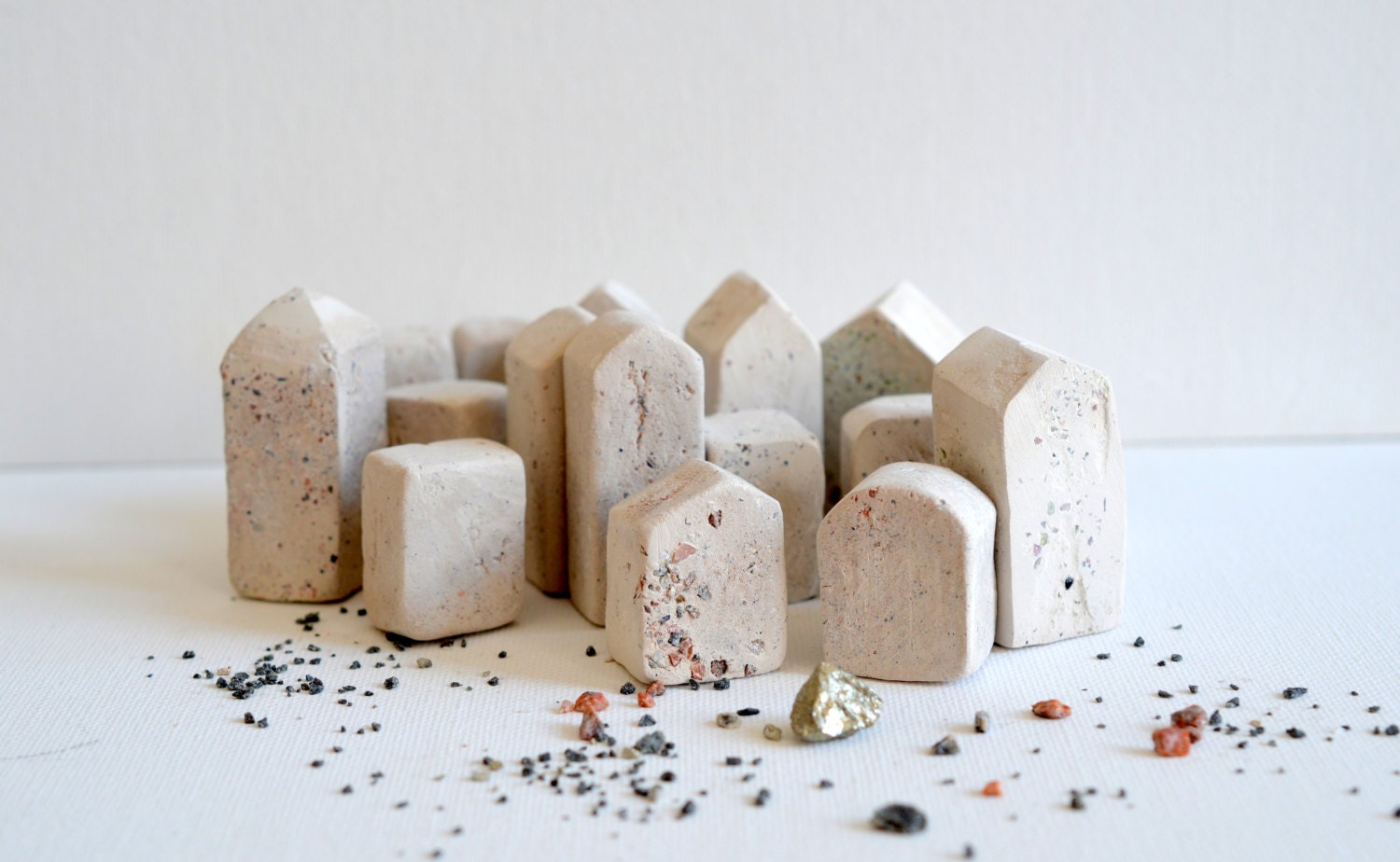 Medieval City Architectural Abstract Sculptures Set of 16  Miniature Clay Houses