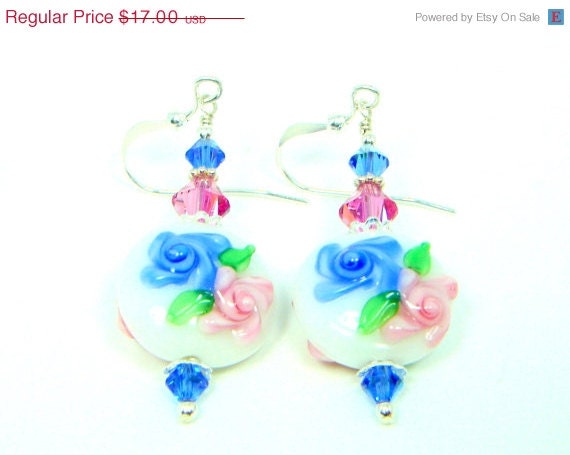 SALE Flower Earrings, Pink, Blue, Green Lampwork, Lampwork Earrings, Rose Earrings