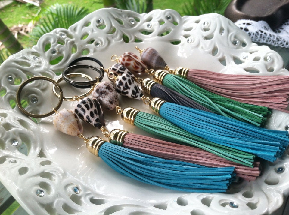 Cone Shell Keychain with Leather Tassel