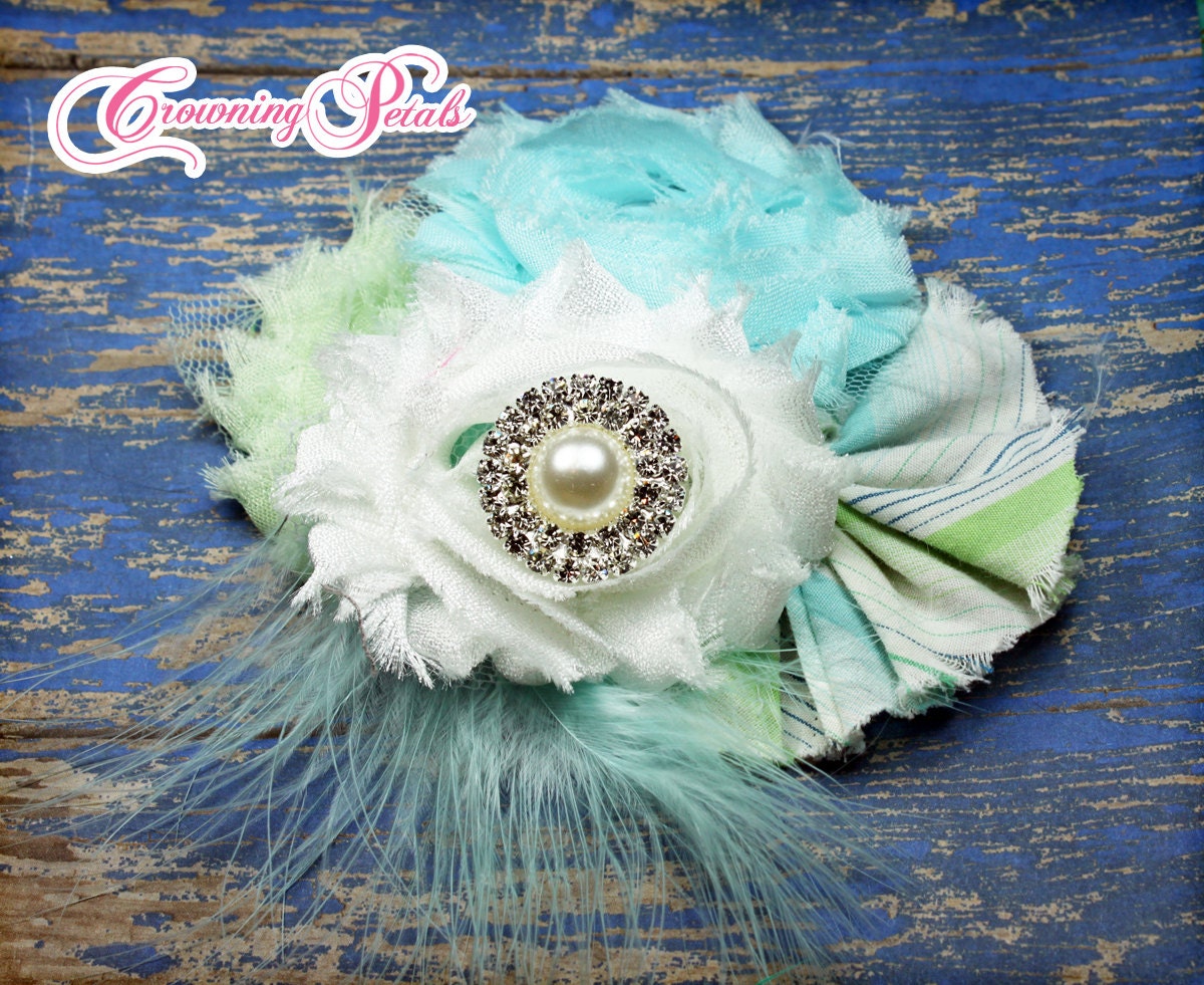 Mint Green, Aqua, White, Sky Blue, Headband, Prom Hair Accessories, Baby Hair Bow, Turquoise Shabby Chiffon Flowers, Flower Bow, Hair Clip