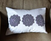 Decorative  Accent Pillow 12 X 16  Flower Crochet Applique Purple and Beige
