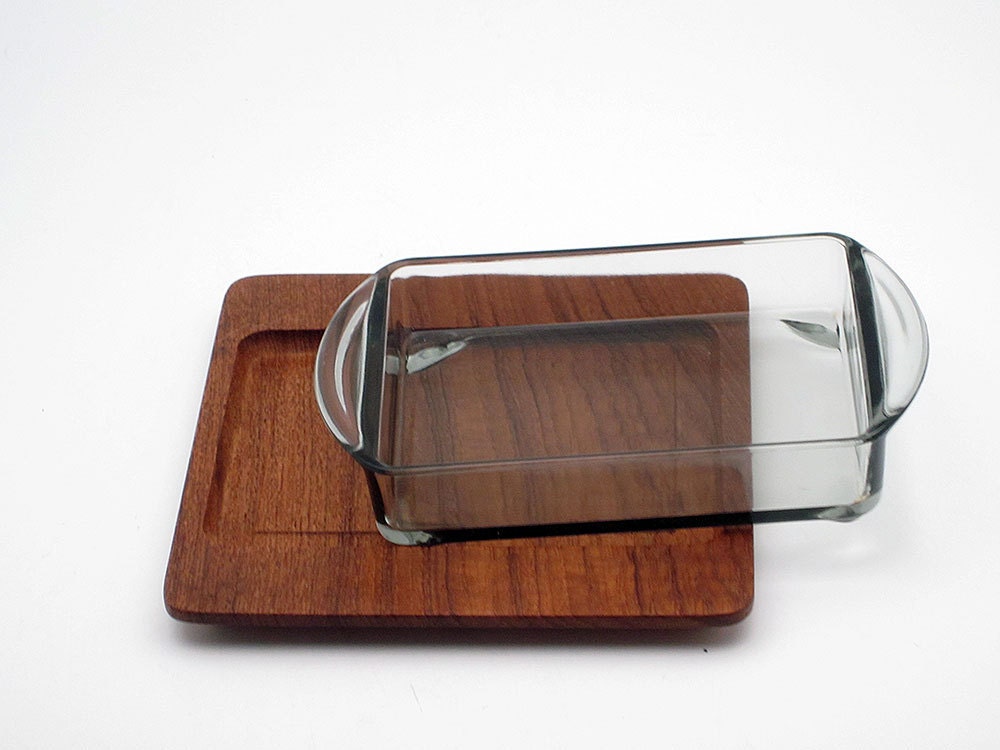 Danish teak "Kabaret" serving tray with Holmegaard Smoked Glass Insert