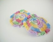 Crochet Earrings in Rainbow Color Blocks with Ruffled Edging - Bright and Fun Circus Color Hoop Fiber Earrings