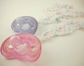 Crochet Filigree Pacifier Clips and Bibs in White with Pastels for Twins and Newborns - Baby Shower Gift