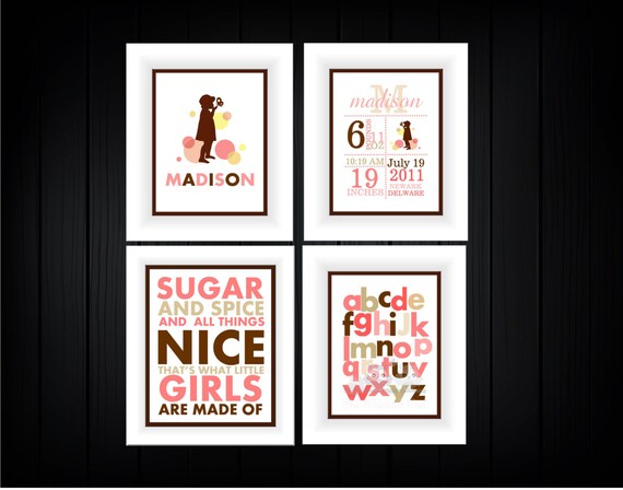 Sugar and Spice 4 Print Set Baby girl Nursery Decor Birth Announcement Print