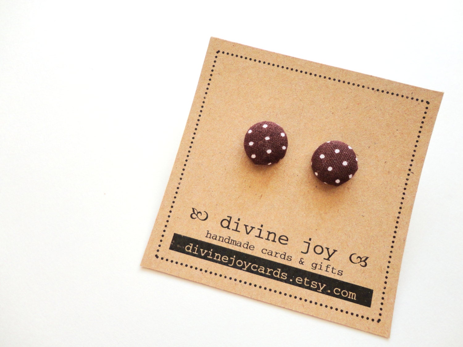 Brown Polka Dot Button Earrings, Fabric Post Earrings - DivineJoyCards