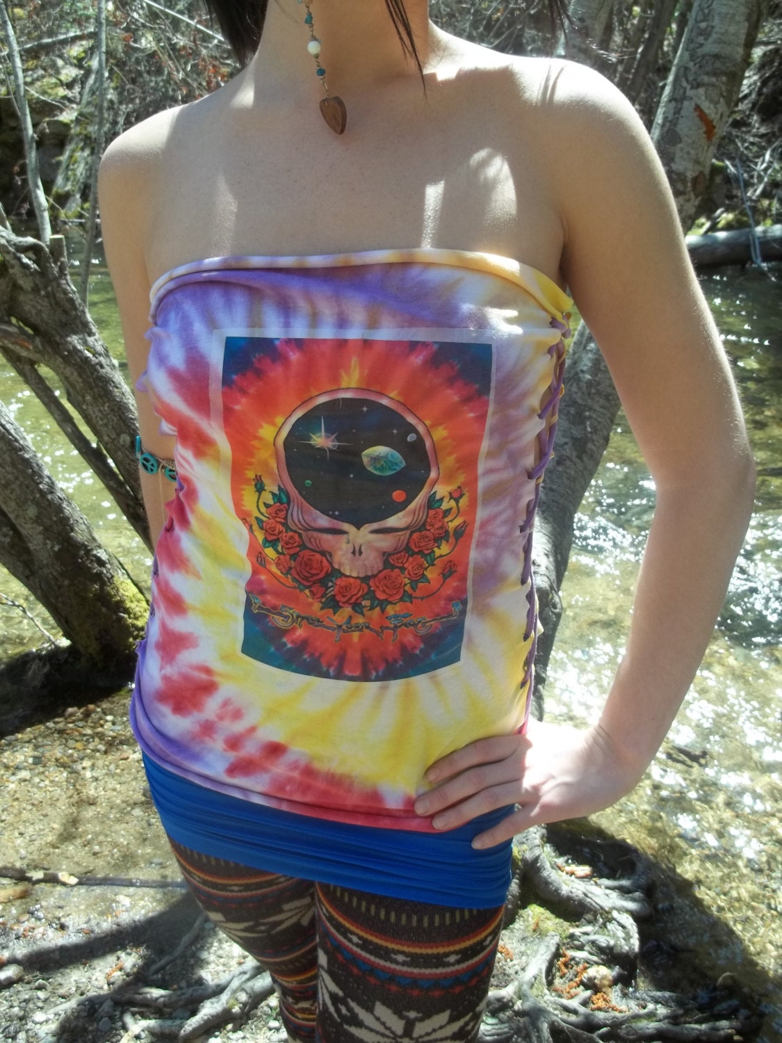 Grateful Dead Space your Face Tie Dye Lace Up Braided Tube Top- MADE TO ORDER