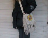 Arrows and Sun  hipster, Native American leather beaded fringed bag
