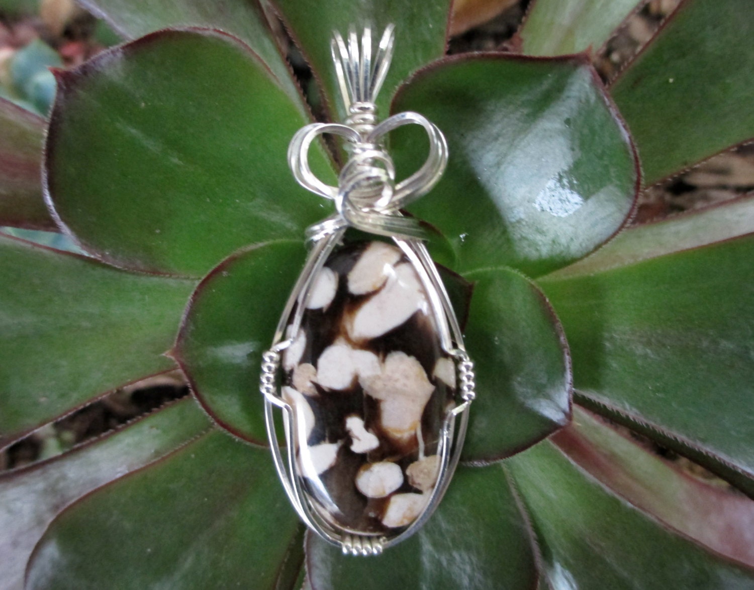 Petrified Peanut Wood Stone Sterling Wire Wrapped Pendant