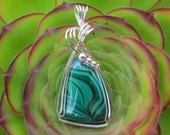 Fantastic Large Malachite Stone Sterling Silver Wire Wrapped Pendant Necklace