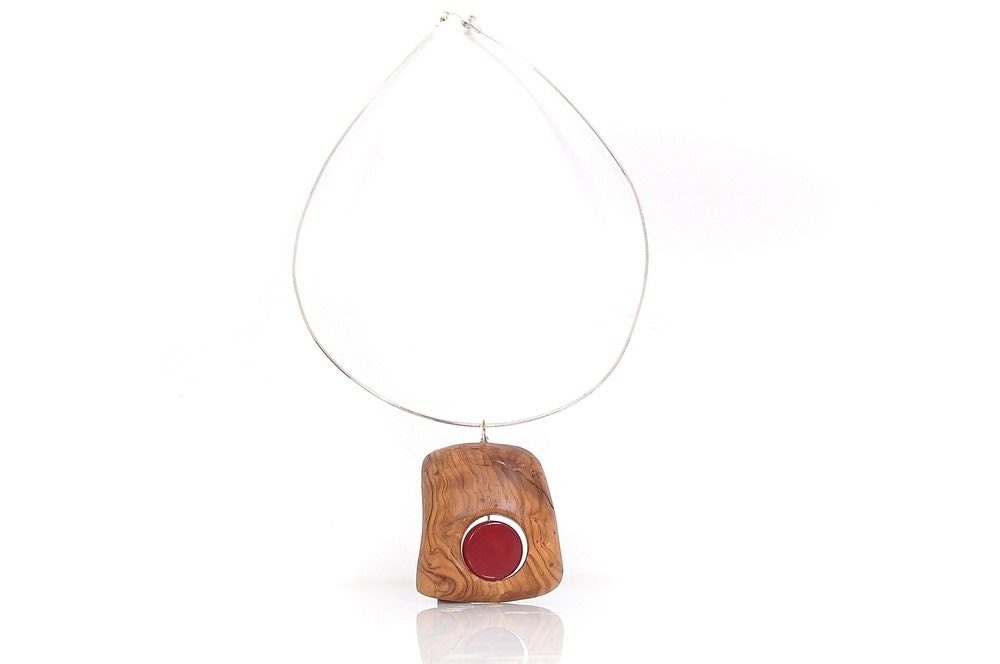Wood Pendant, Olivewood and Carnelian Beauty