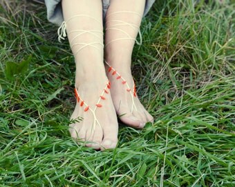 Cream orange crochet barefoot sandals. beaded bottomless sandles, beach wedding, Lolita shoes sexy foot jewelry, yoga, bellydance