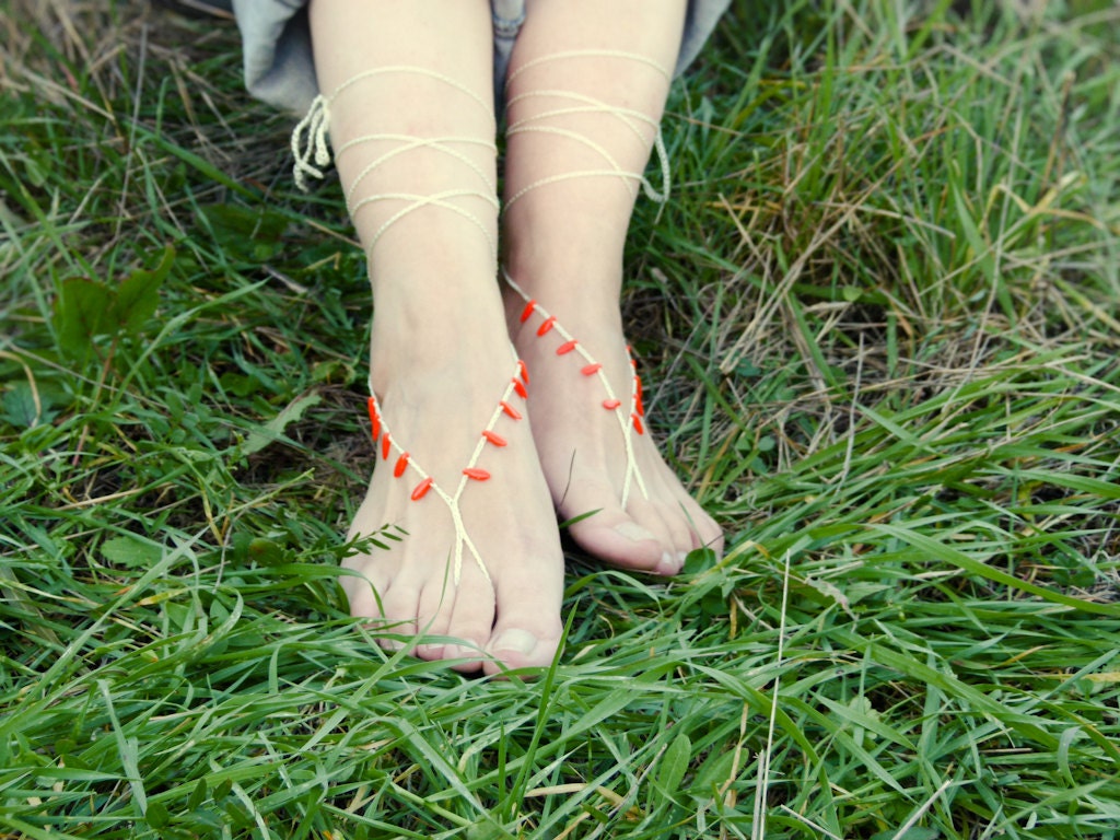 Cream orange crochet barefoot sandals. beaded bottomless sandles, beach wedding, Lolita shoes sexy foot jewelry, yoga, bellydance