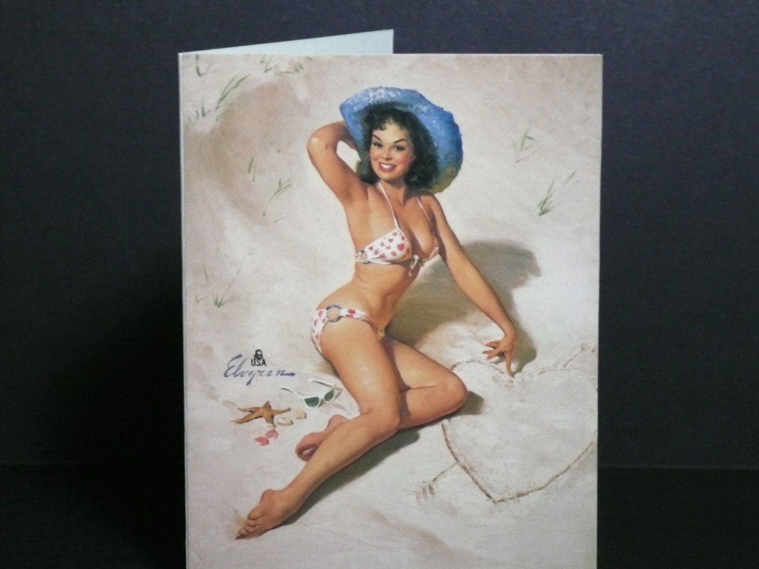 Valentine Beach Cowgirl PinUp Mini Card Love Heart in the Sand Gil Elvgren