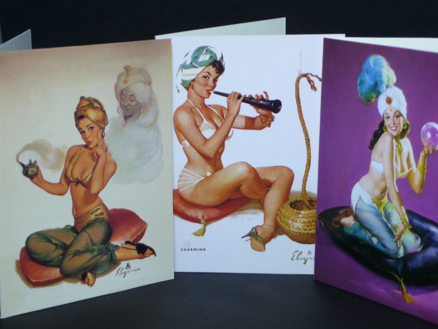 Turban Women Mystic Snake Charmer PinUp Genie of the Lamp Pin Up Fortune Teller Girl Crystal Ball Psychic Medium Magic set of 3 Wishes Cards