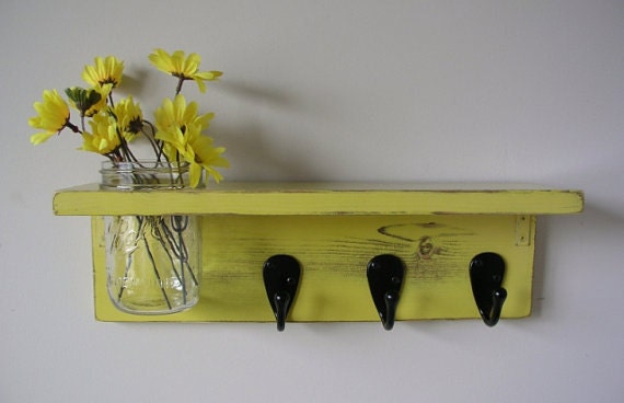 Primitive Country Spice Rack with Mason Jar Vase in distressed color of your choice - Organizer Display Shelf With Hooks - Rustic Shelf