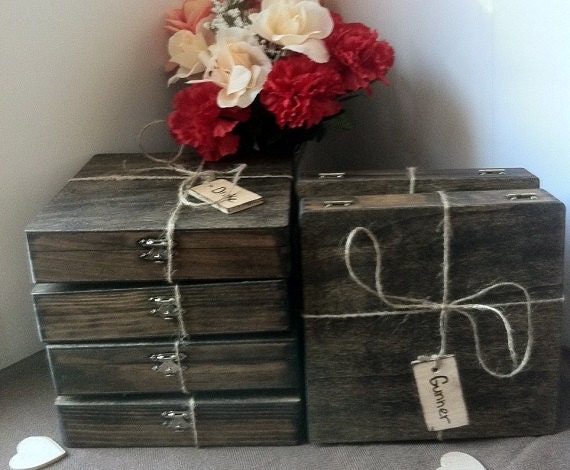 Set of 6 Cigar Boxes For Your Groomsmen - Wedding Gift - Carved Name Tag - Rustic Twine - Cigar Box /Holder
