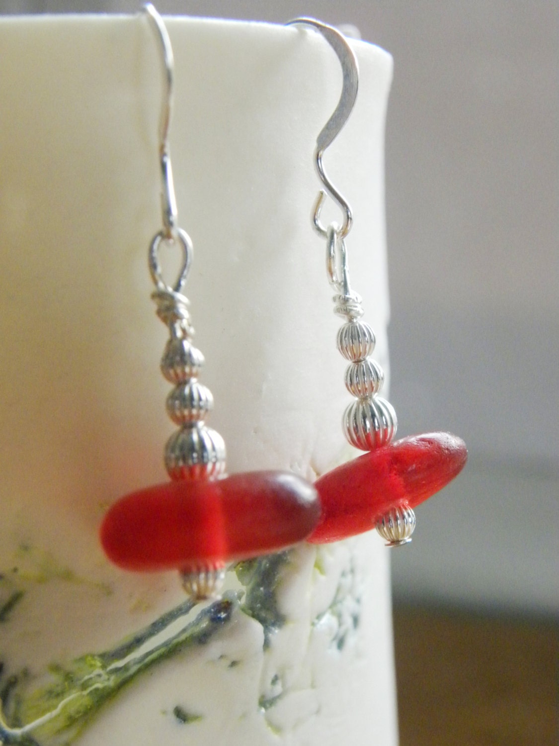 Sea glass earrings - red sea glass and sterling silver, fashion jewelry