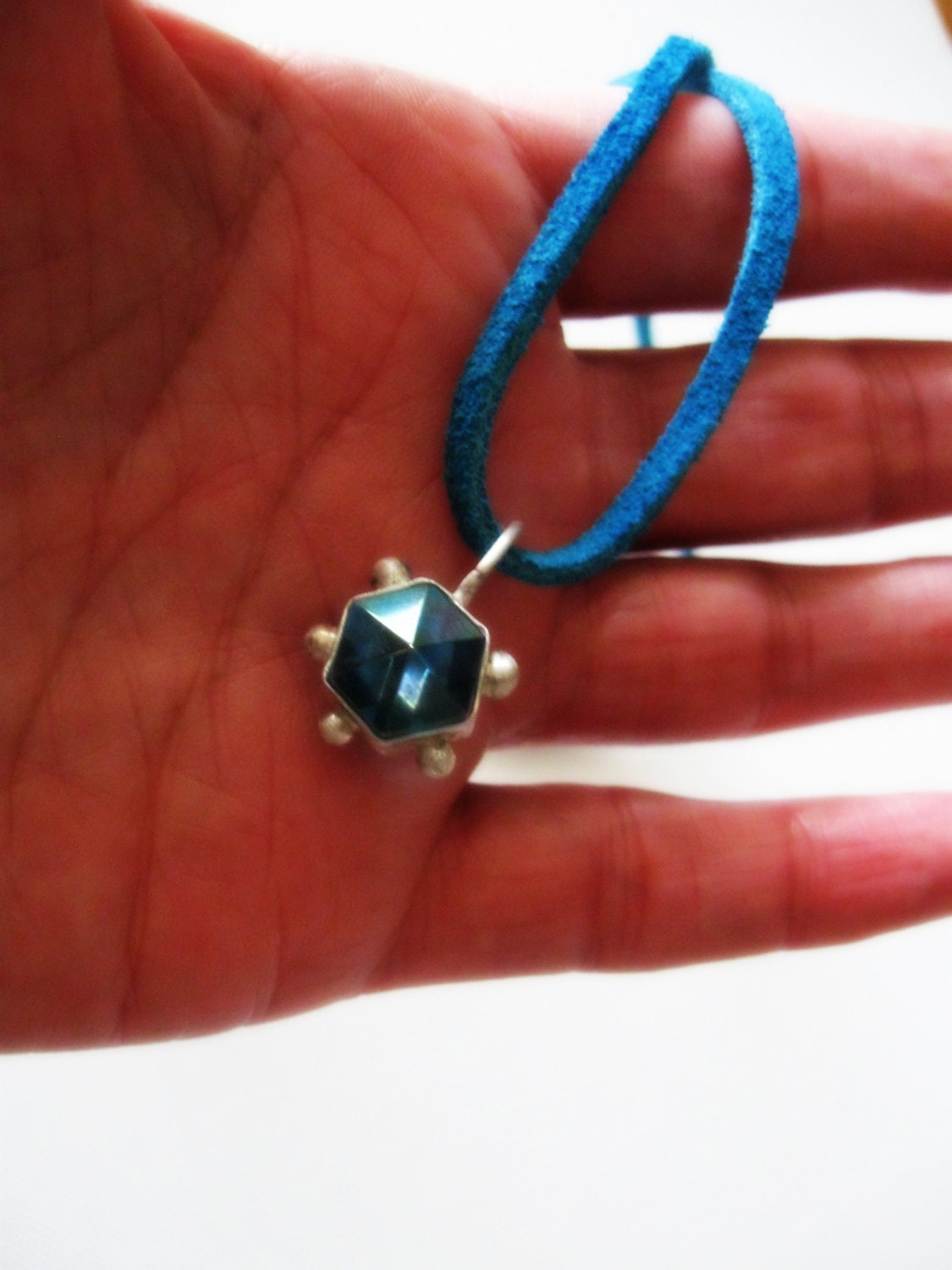 Aqua Aura Quartz Crystal Necklace Double Terminated Blue Point Pendant Recycled Sterling Silver Natural Stone Faceted Bezel Set Metalsmith