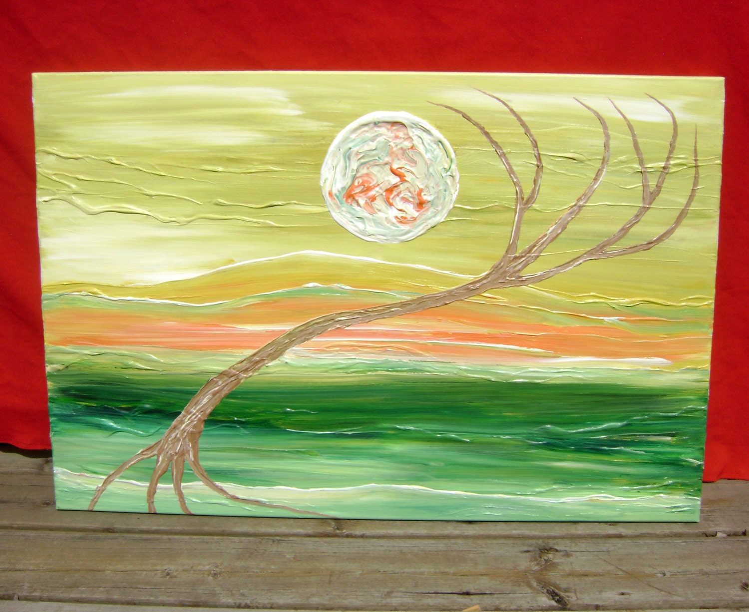 Fields of Nostalgy - Abstract Acrylic Painting Canvas Landscape Green Orange Mustard - 24 x 36