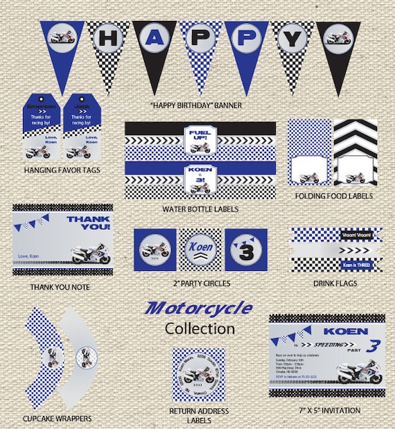 Motorcycle Birthday Party Collection Printable in Blue or Red Il_570xn