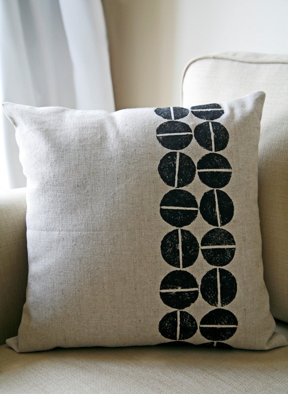 Hand printed natural linen pillow cover - retro, modern, black, block printed cushion cover