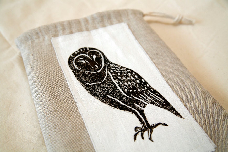 Barn owl hand printed linen and cotton drawstring bag - woodland bird pouch, brown, rustic, storage