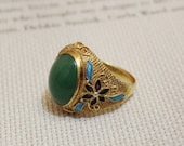 10% OFF Vintage Chinese Ring Sterling Silver, Jade ,Filigree and Enamel with Gold Overlay