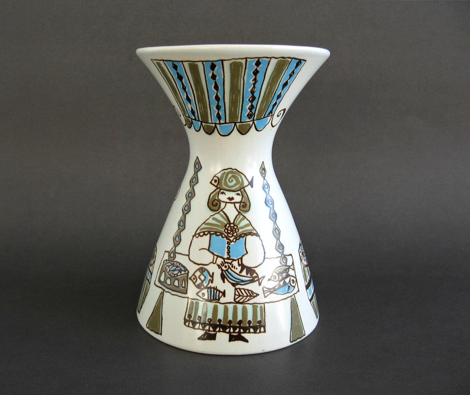 Figgjo Flint Norway Hourglass Vase /  Turi Design / Fish Market / Hand Painted Silkscreen / Mid Century Modern
