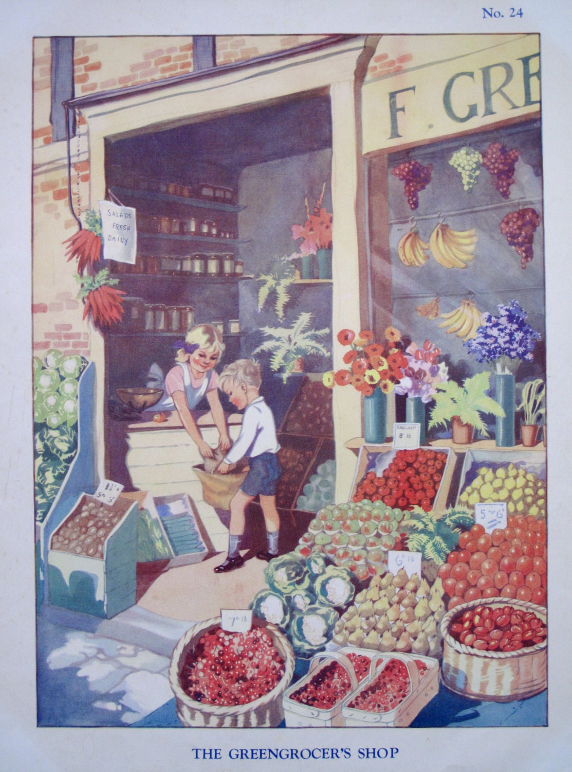 Vintage 1930's School Print, The Greengrocer's Shop