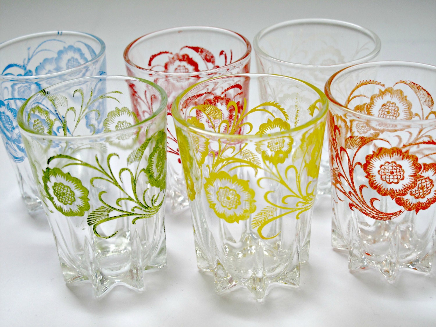 Set of 6 Vintage Floral Multi-Coloured Glasses