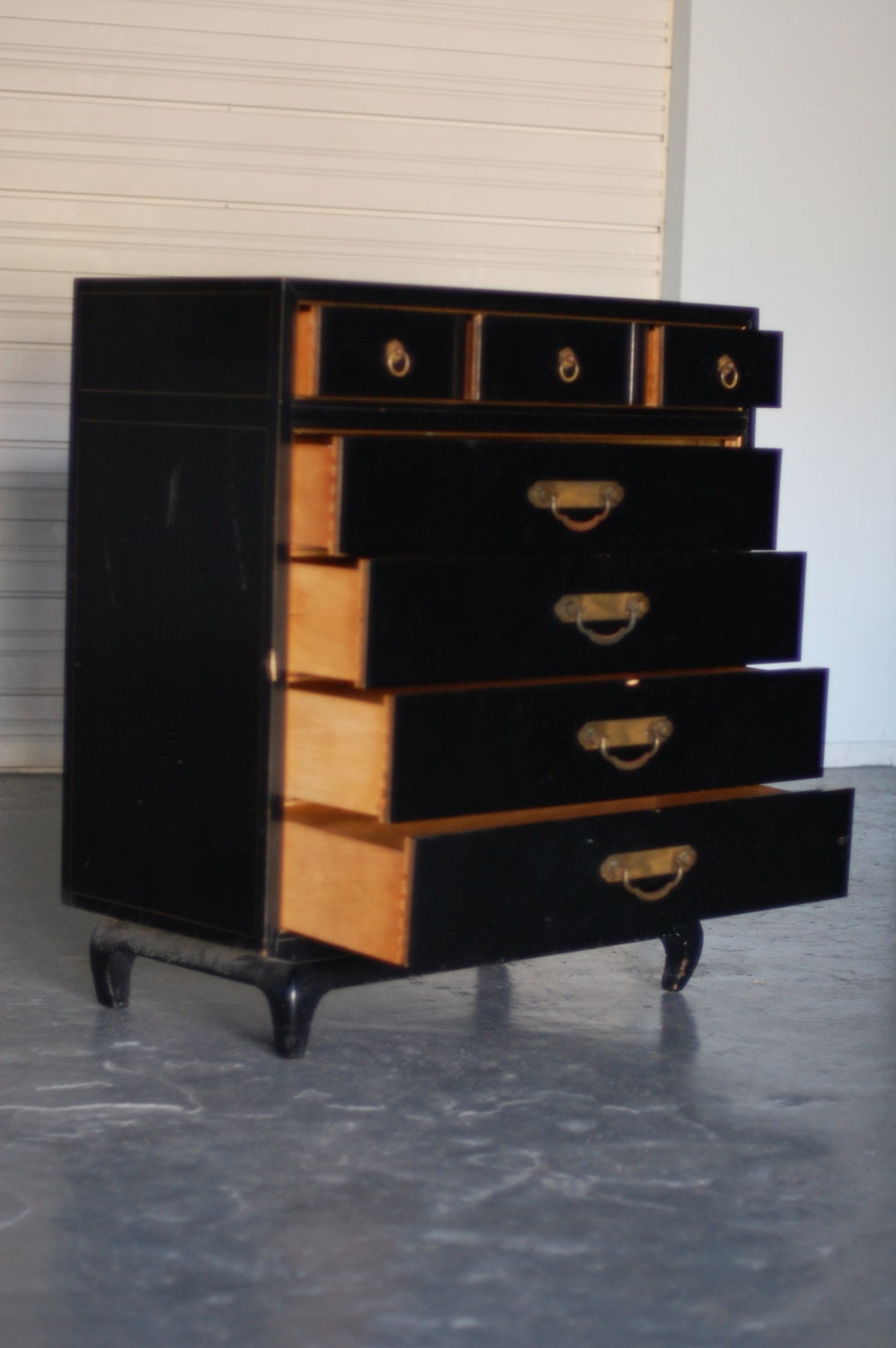 Asian Style American of Martinsville Black Lacquer Chest of Drawers with Brass Hardware