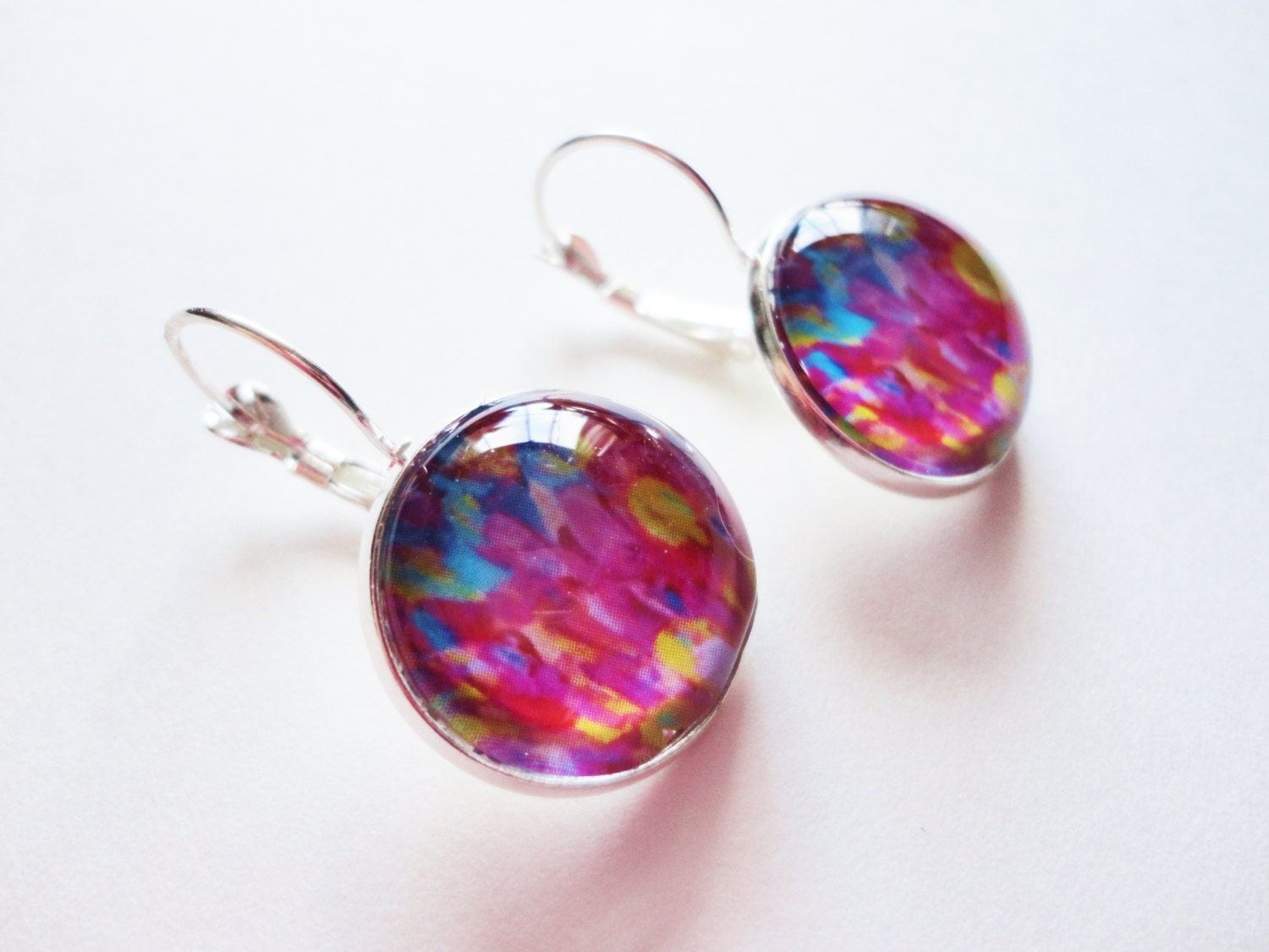 SPLASH, REVISITED -  Gorgeous Ocean Waves Original Art Earrings, OOAK Handmade Acrylic Painting Design French Clasp Lever Back Bright Pink