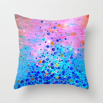 WHAT GOES UP Revisited - Gorgeous 18x18 Art Throw PIllow Cover, Starry Night Cushion Bubbles Ocean Magenta Royal Blue Sofa Modern Home Decor