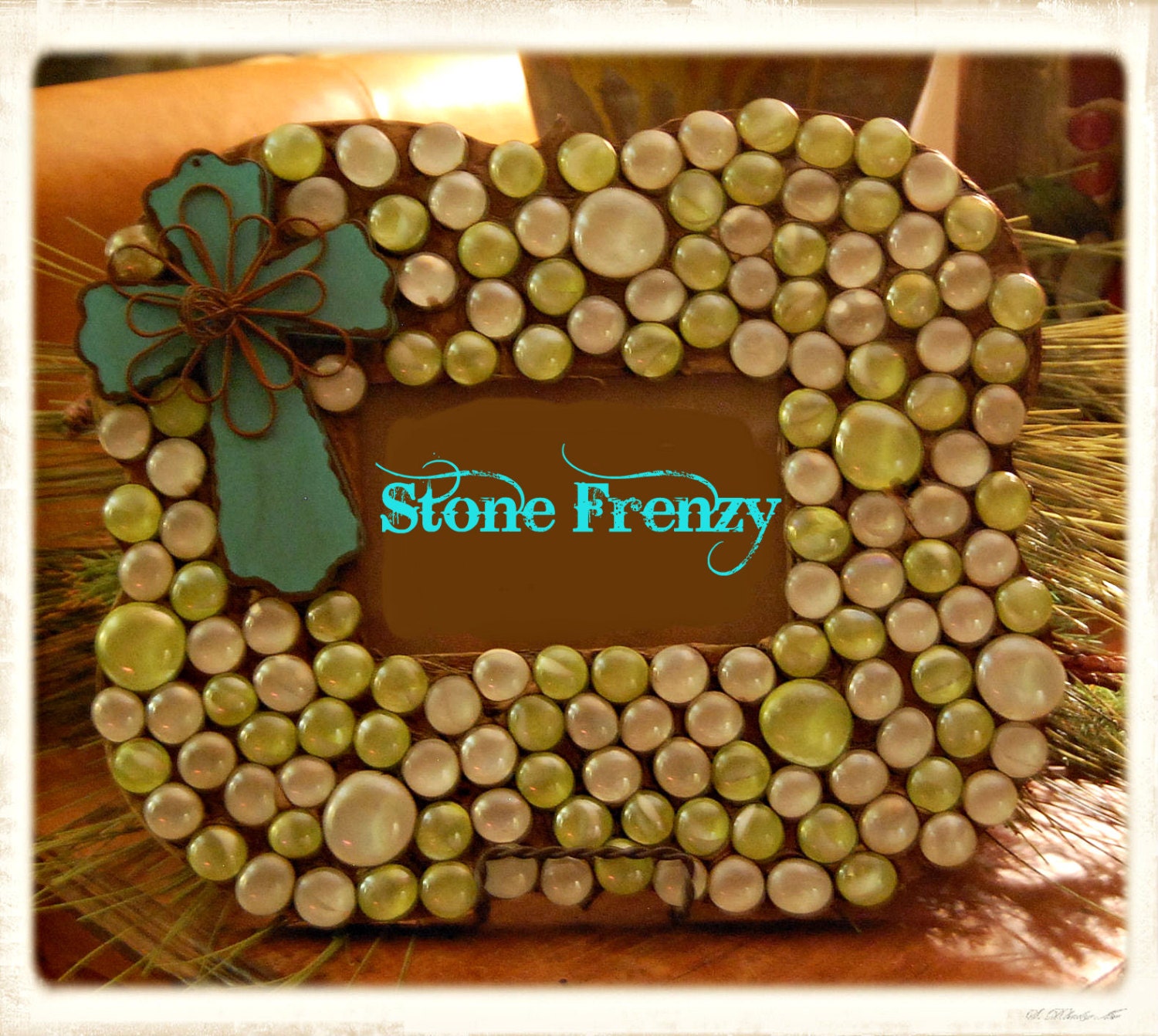 Clear White Stone and Lime Green Picture Frame with Teal Cross 4x6