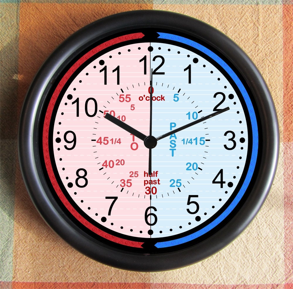 Childrens LEARN to TELL TIME Home School Kindergarten Montessori 10 inch Resin Wall Clock Weddings  Christmas QuickShip