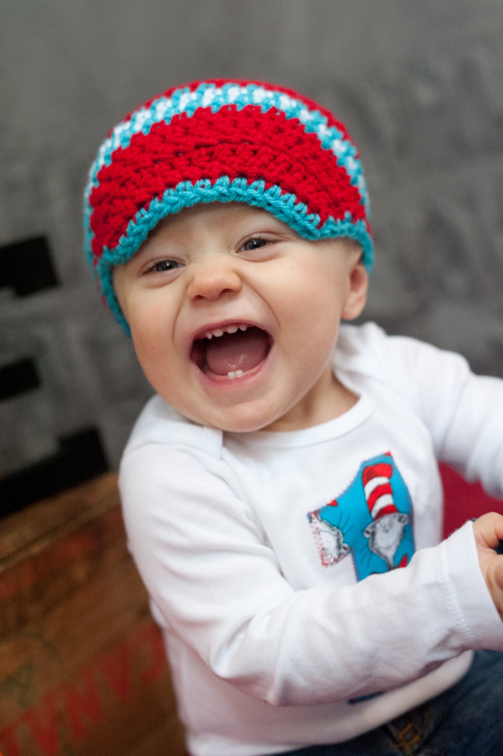 Baby boy Dr. Seuss first birthday outfit, onesie and crochet hat set, Cat and the Hat, photo prop