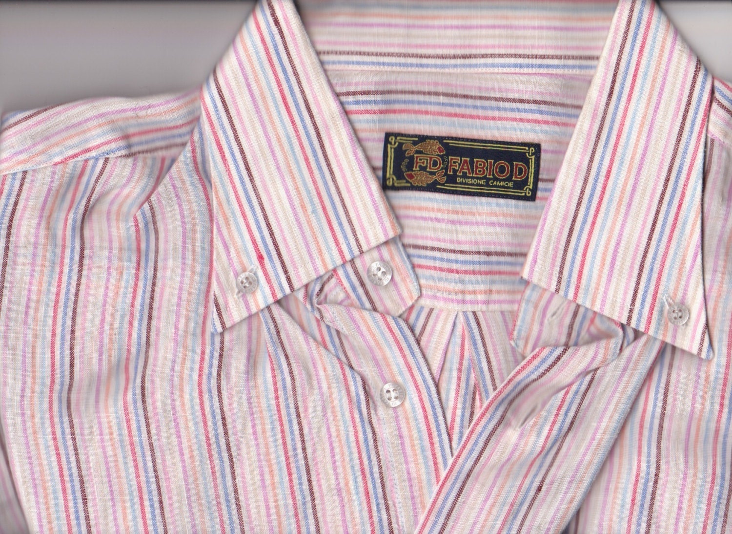80s vintage mens Fabio D Italy cotton linen striped oxford style summer dress shirt: mens size large