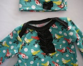 Baby coming home set.  Colors- teal, yellow, orange. Bird and branches print   (Made by lippybrand)