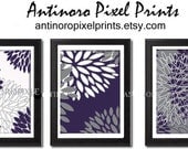 Dark Purple Grey Floral Vintage / Modern inspired  Art Prints Collection  -Set of (3) - 16x20 Prints -   (UNFRAMED)