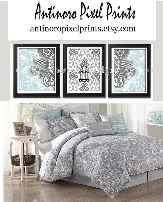 Damask Bird Wall Art Prints Blue Greys Wall Art Set of (3) 5x7 Prints - (UNFRAMED) Custom Colors Sizes Available