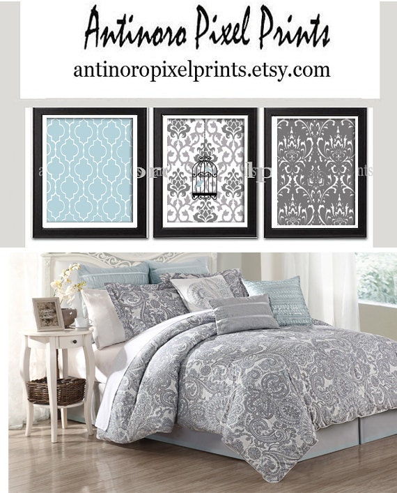 Damask Bird Wall Art Prints Blue Greys Wall Art Set of (3) 5x7 Prints - (UNFRAMED) Custom Colors Sizes Available