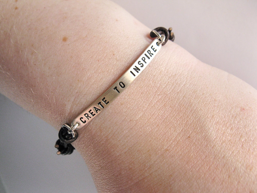 Womens Bracelet Personalized Sterling Silver & Leather Bangle - Custom Hand Stamped Message - Gift for Her, Friends Gift, Love, Anniversary