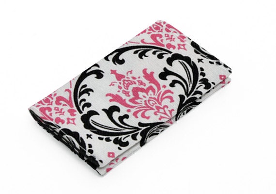 Womens card wallet, business card holder, small wallet, little card case - pink and black damask