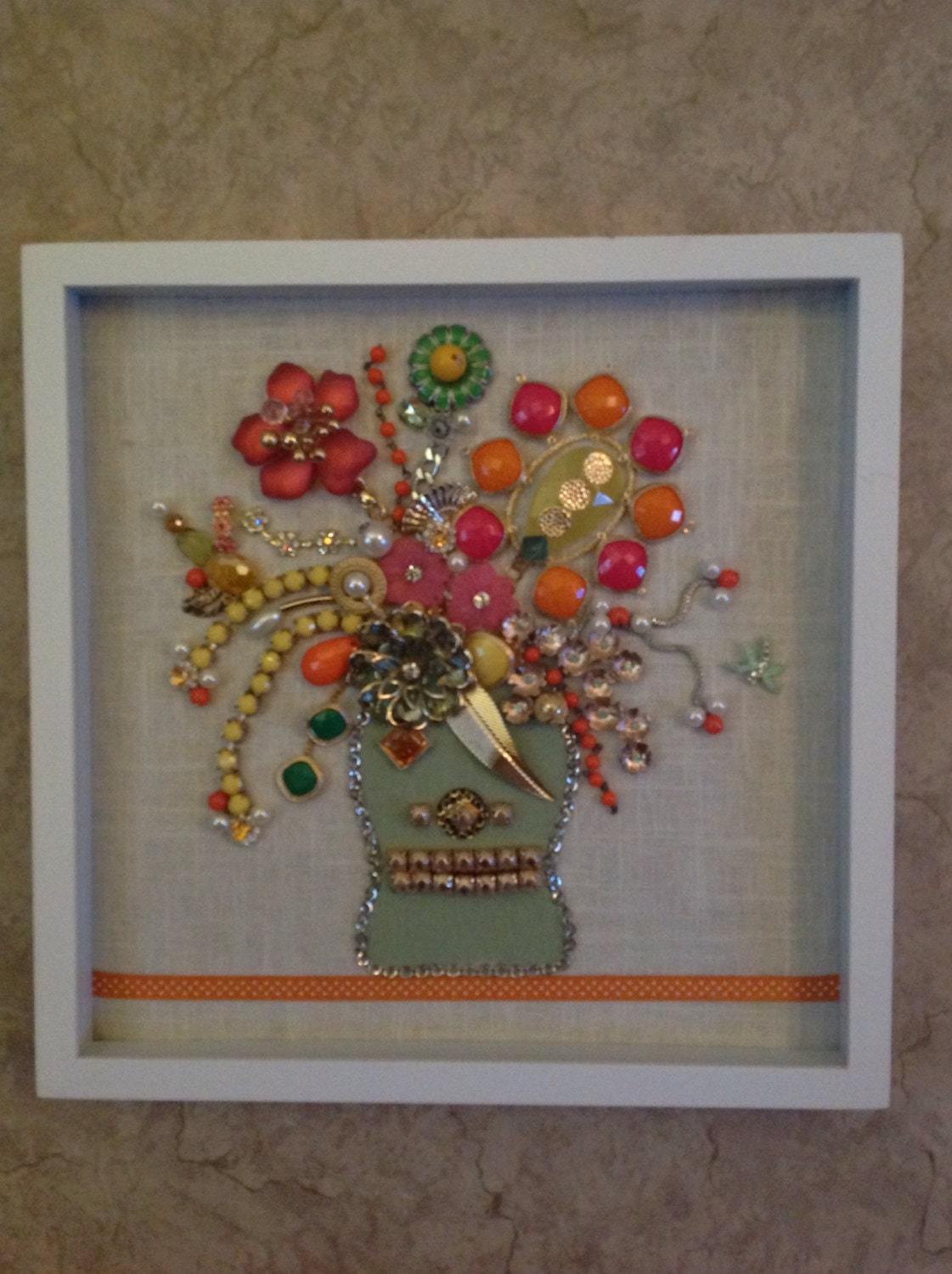 Mixed Media Wall Art---Bright Colors coral, lime, orange, yellow---Floral Bouquet Collage Shadowbox---Layered intricate 3-d wall art