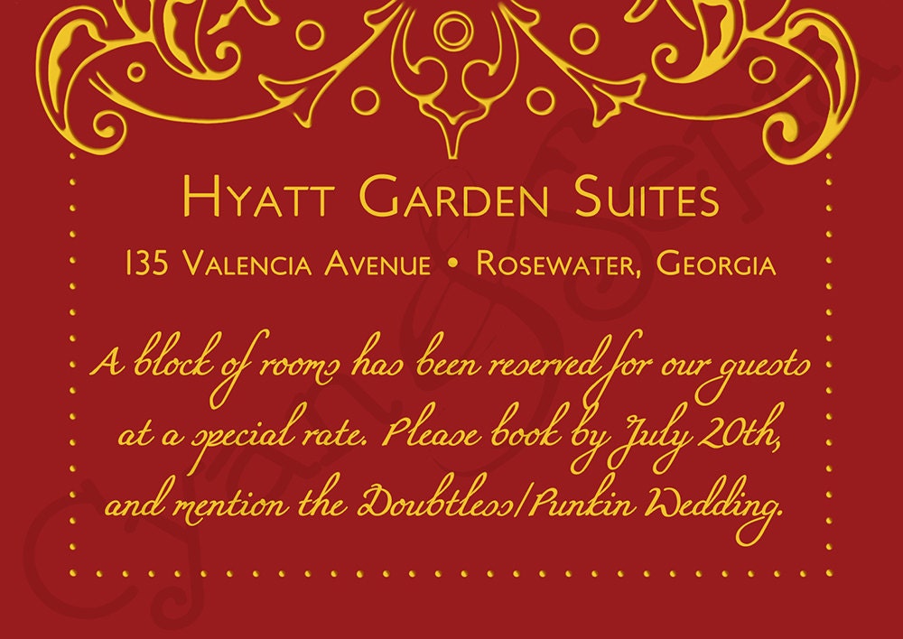 Printable Wedding Invitation Accommodations Card - 3.5x5 - Bollywood Ornate - Formal Filigree Antique - Red Gold Plum Silver Navy Yellow