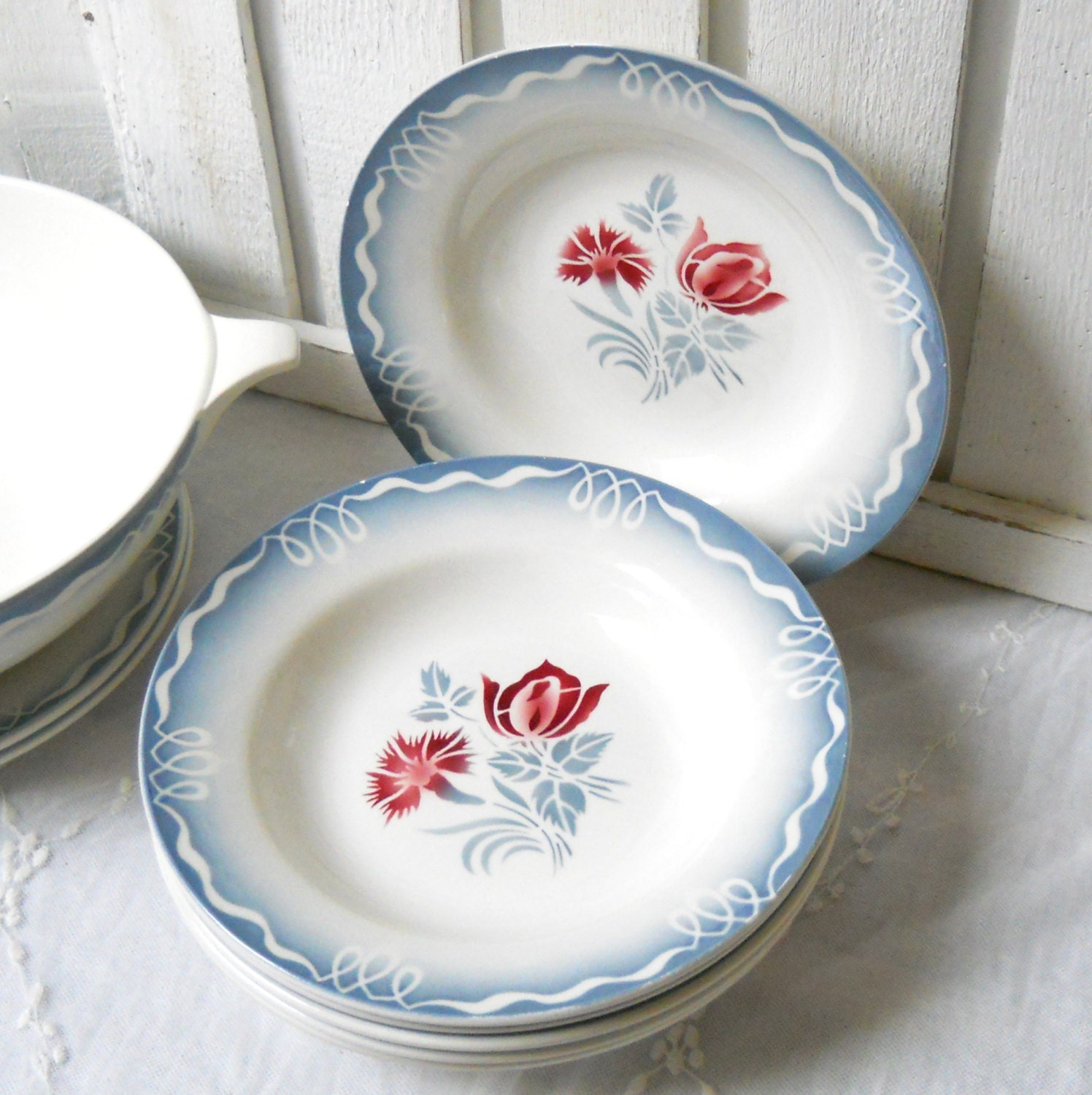 3 french vintage soup plates vintage french soup plates France red roses shabby chic cottage chic
