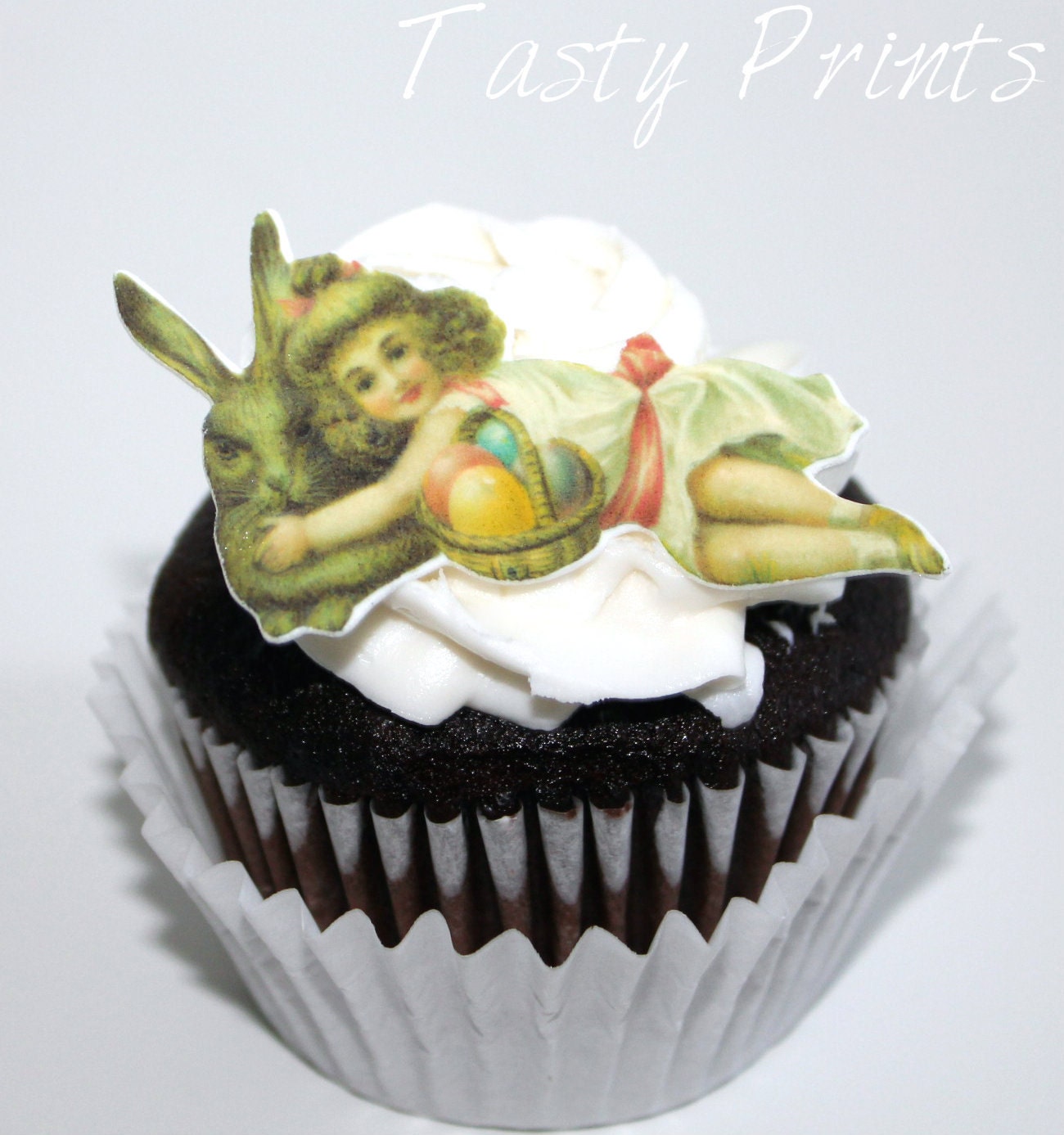 12 Easter Edible Prints - Vintage gir with Easter Bunny and basket - Easter cupcake toppers Il_170x135