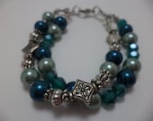 Gorgeous, Blue, Teal, Silver, Double Strand, Glass Bead, Pin Up Girl, Bracelet