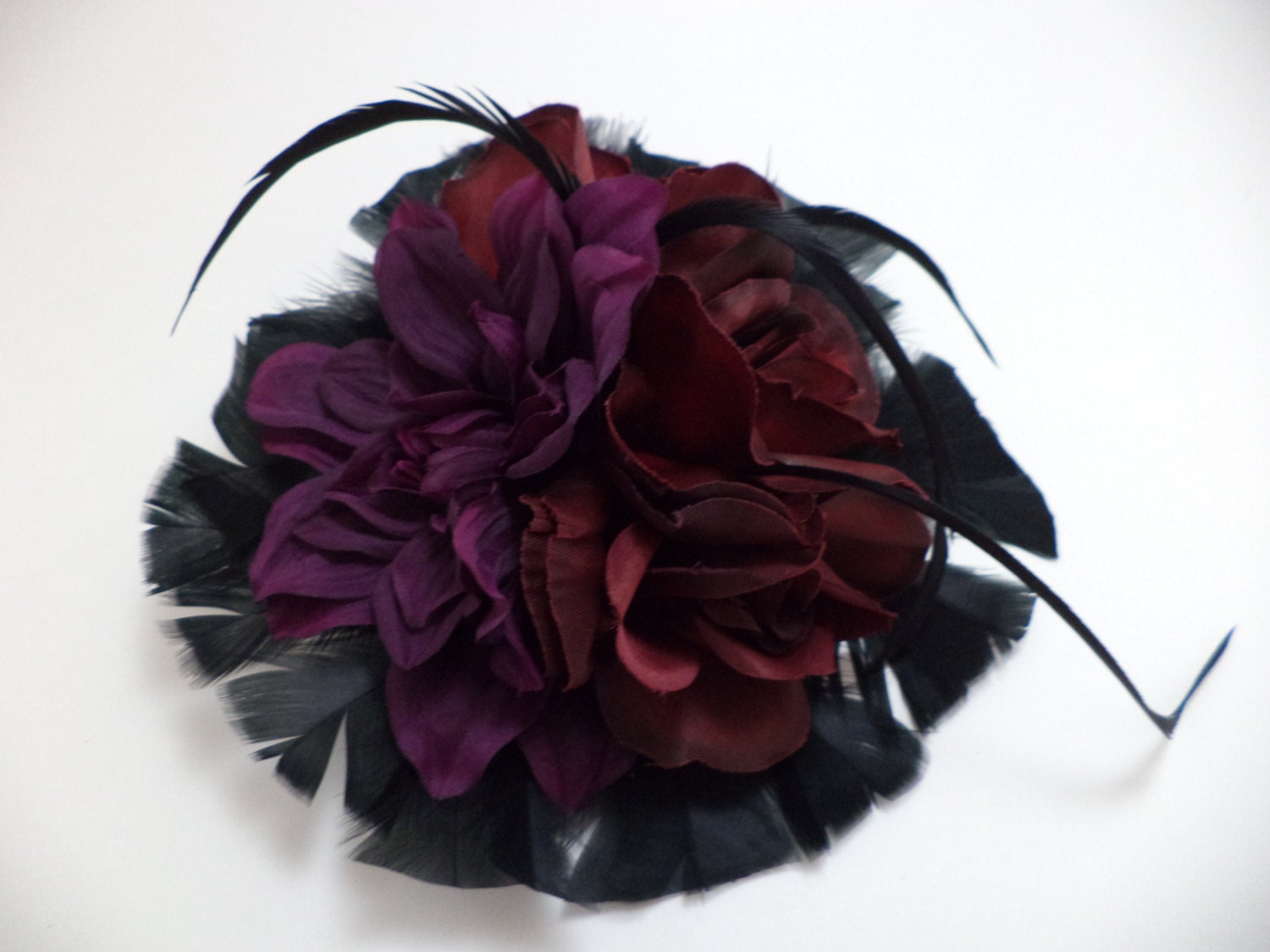 Rockabilly, Psychobilly, Pin Up Girl, Goth, Burlesque, Bridal, Wedding, Black, Red, Purple, Feather, Rose, Hair Clip, Fascinator
